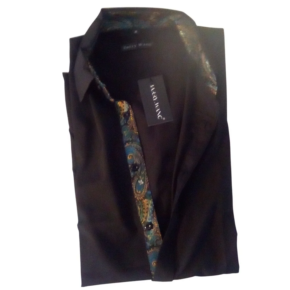 Barry Wang Men's Black Paisley Dress Shirt Long Sleeve Button Up Size M